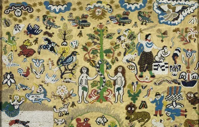 Beadwork Picture: Fall of Man; Cain and Abel; Sacrifice of Isaac; surrounded by Animals from the Garden of Eden